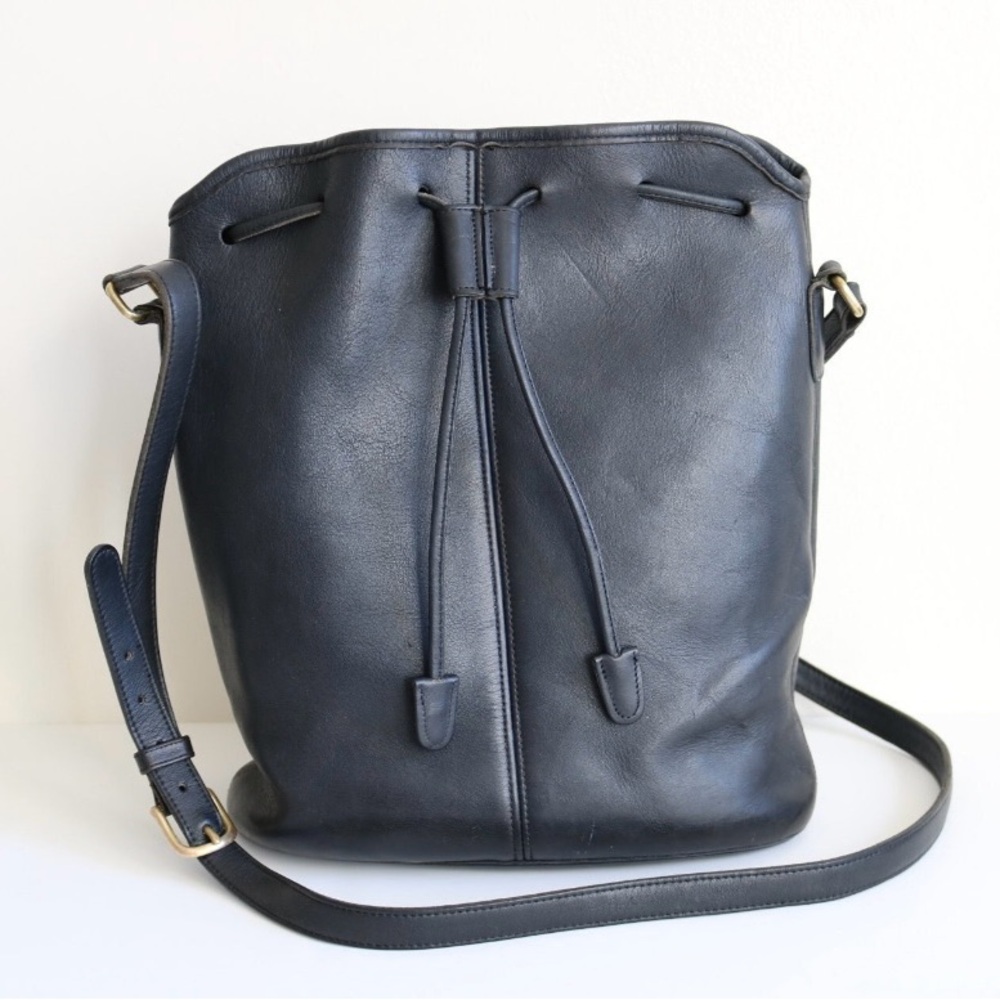 Coach Leather Drawstring Bucket Bag - Navy